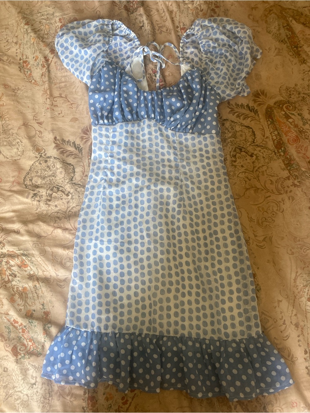 Moon River Light Blue and White Polka Dot Puff Sleeve Dress